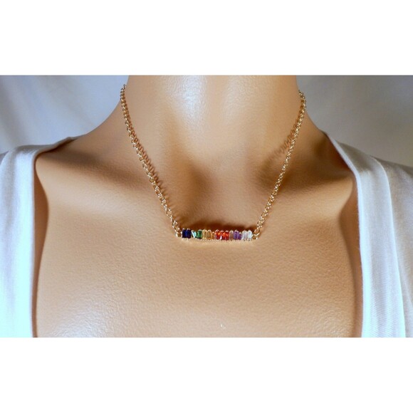 Rainbow Bar Baguette Necklace Gold Plated Citrine Kyanite PRIDE - Picture 6 of 6